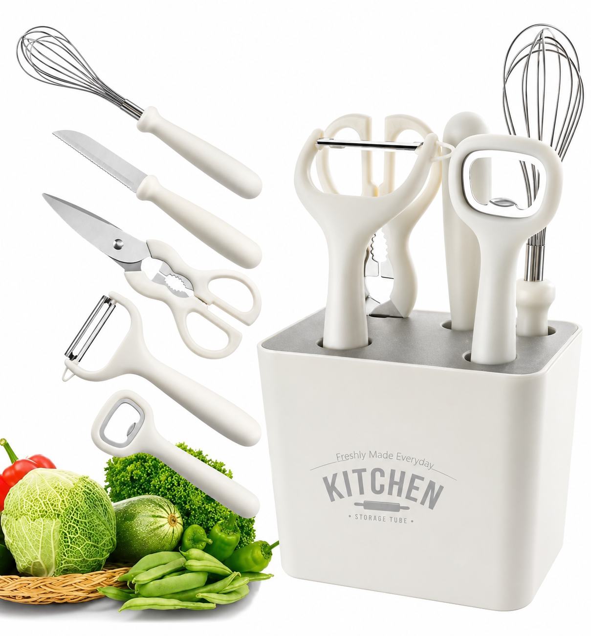 6-Piece Stainless Steel Kitchen Gadget Set with Decorative Holder (a)